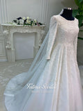 Luxury veiled hijab wedding dress with beaded lace, long sleeves, full coverage bodice, and elegant A-line bridal silhouette. Modest Muslim wedding gown with custom couture detailing and romantic lace veil.