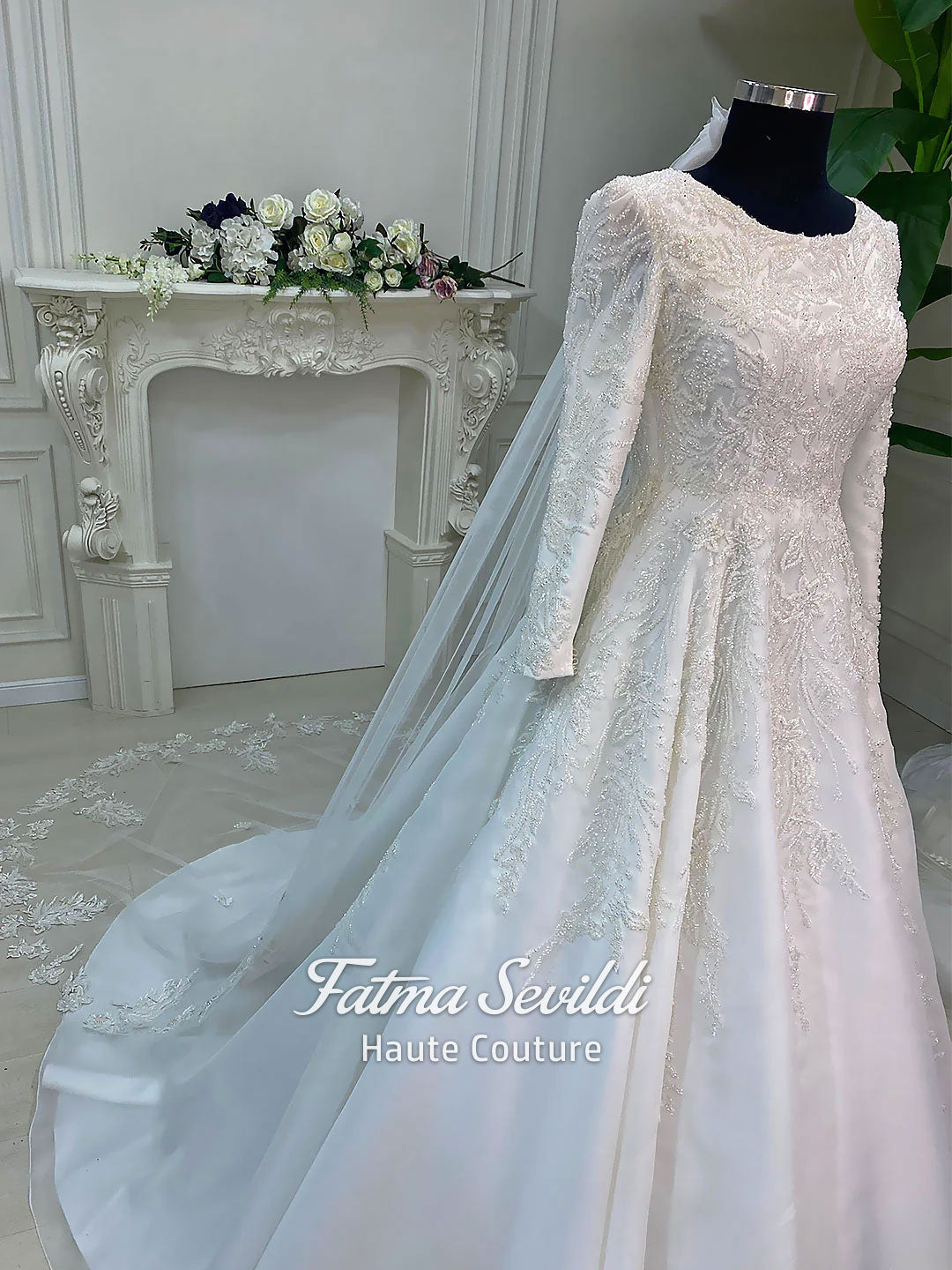 Veiled Hijab Wedding Dress, Beaded Lace Modest Bridal Gown with Balloon Sleeves 40 / Ivory Veiled Hijab Wedding Dress, Beaded Lace Modest Bridal Gown with Balloon Sleeves 40 / Ivory