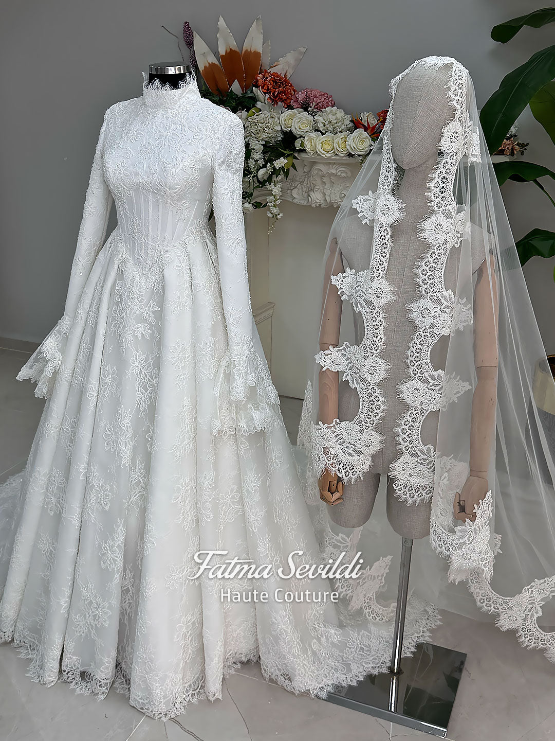 Luxury hijab wedding dress with A-line silhouette, beaded lace detailing and cathedral lace veil, modest long sleeve bridal gown for Muslim bride
