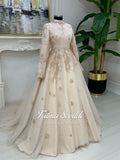 Blush pink beaded lace hijab evening gown with gold embroidery