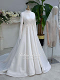 Elegant high-neck hijab wedding dress with long sleeves, satin A-line, and beaded lace