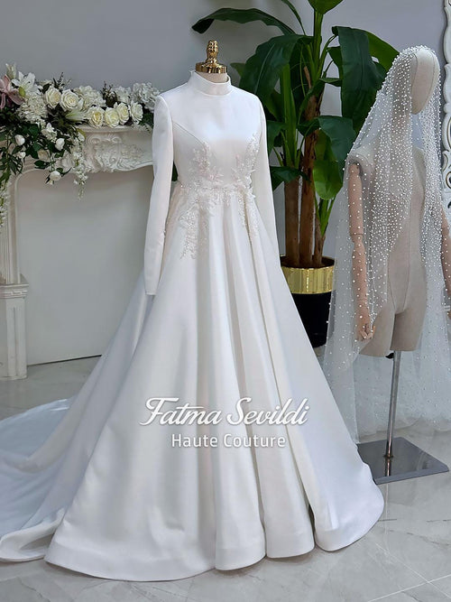 Elegant high-neck hijab wedding dress with long sleeves, satin A-line, and beaded lace