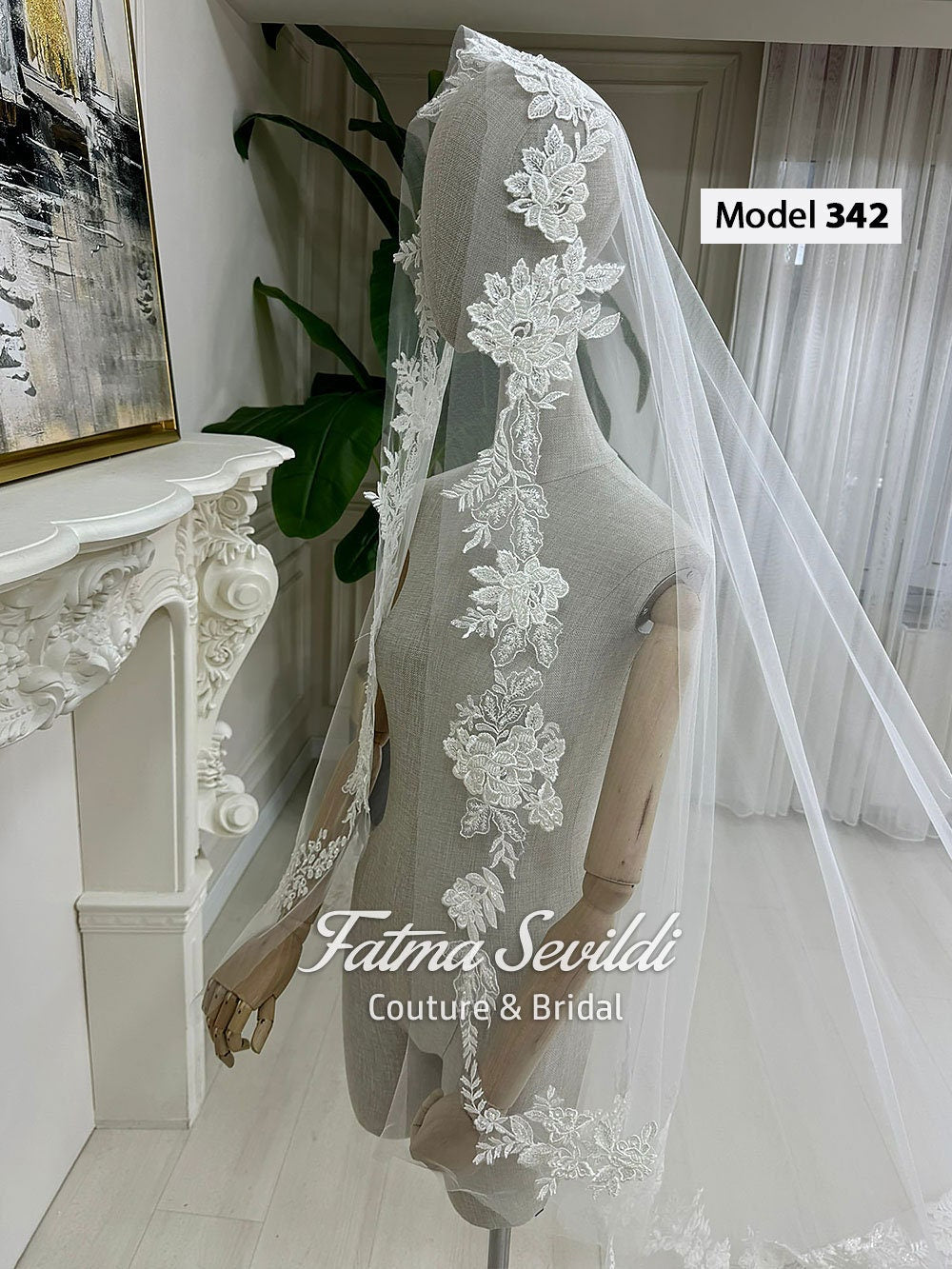 Delicate PART3 beaded lace cathedral veil with floral embroidery