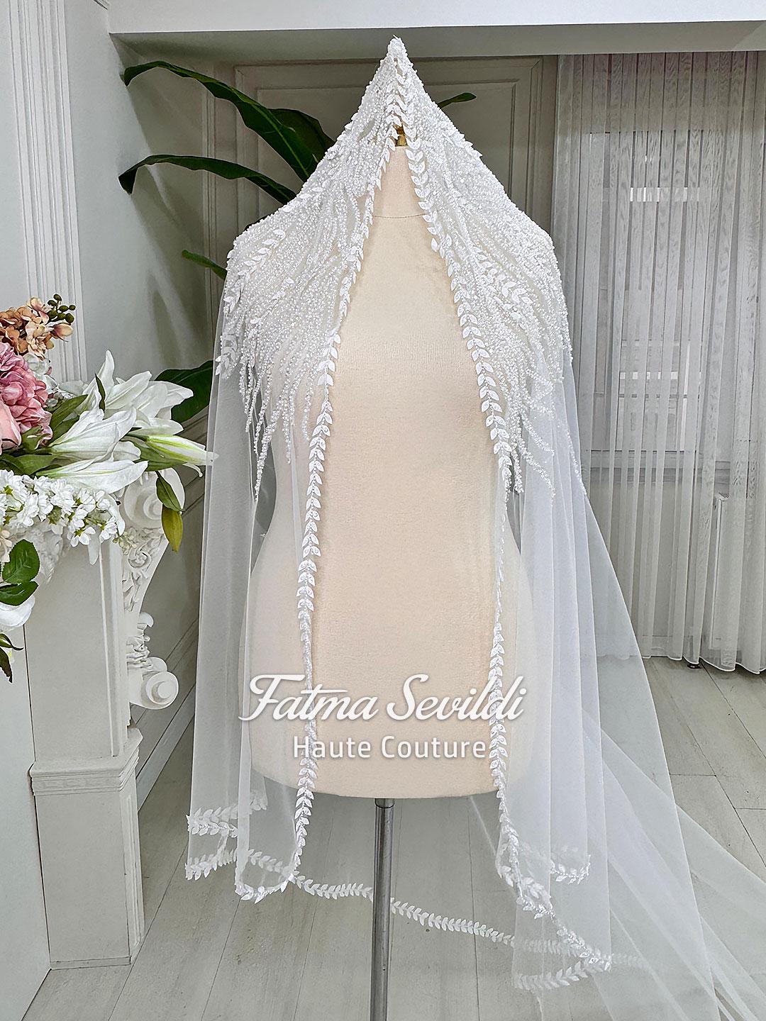 Delicate beaded leaf veil in sheer tulle for modest Muslim bridal gown