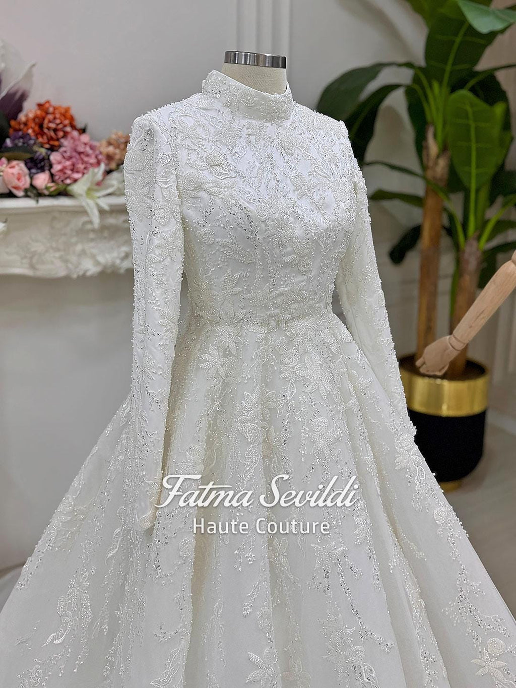 White high-neck long-sleeve veiled hijab wedding dress with beaded lace