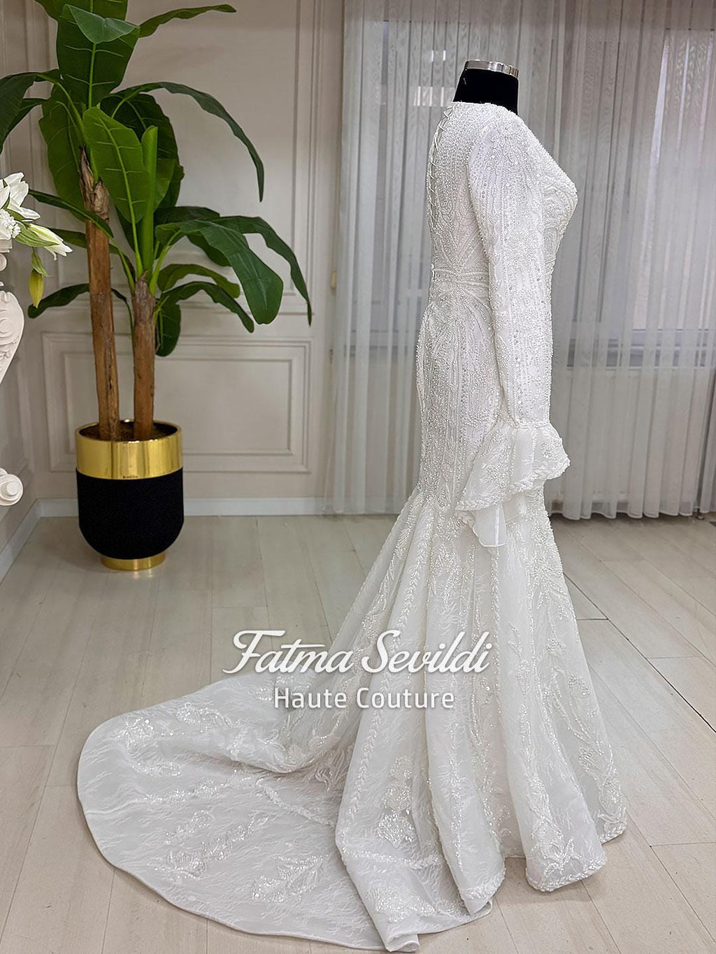 Veiled hijab beaded lace high neck long sleeve mermaid wedding gown