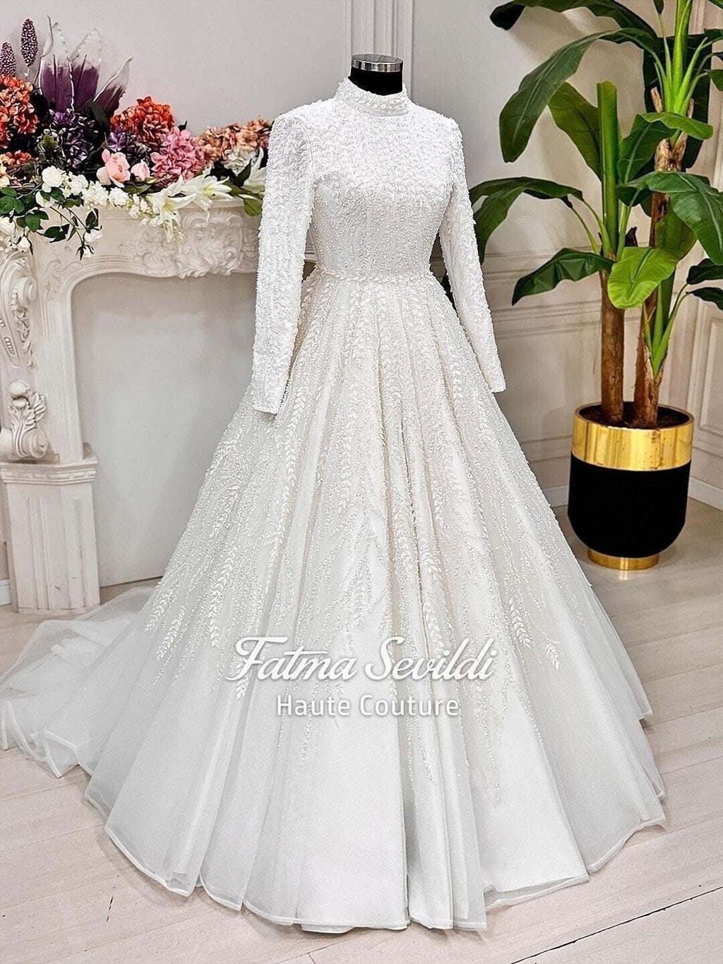 Veiled beaded lace hijab wedding dress with high neck long sleeves