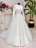 Veiled beaded lace hijab wedding dress with high neck long sleeves