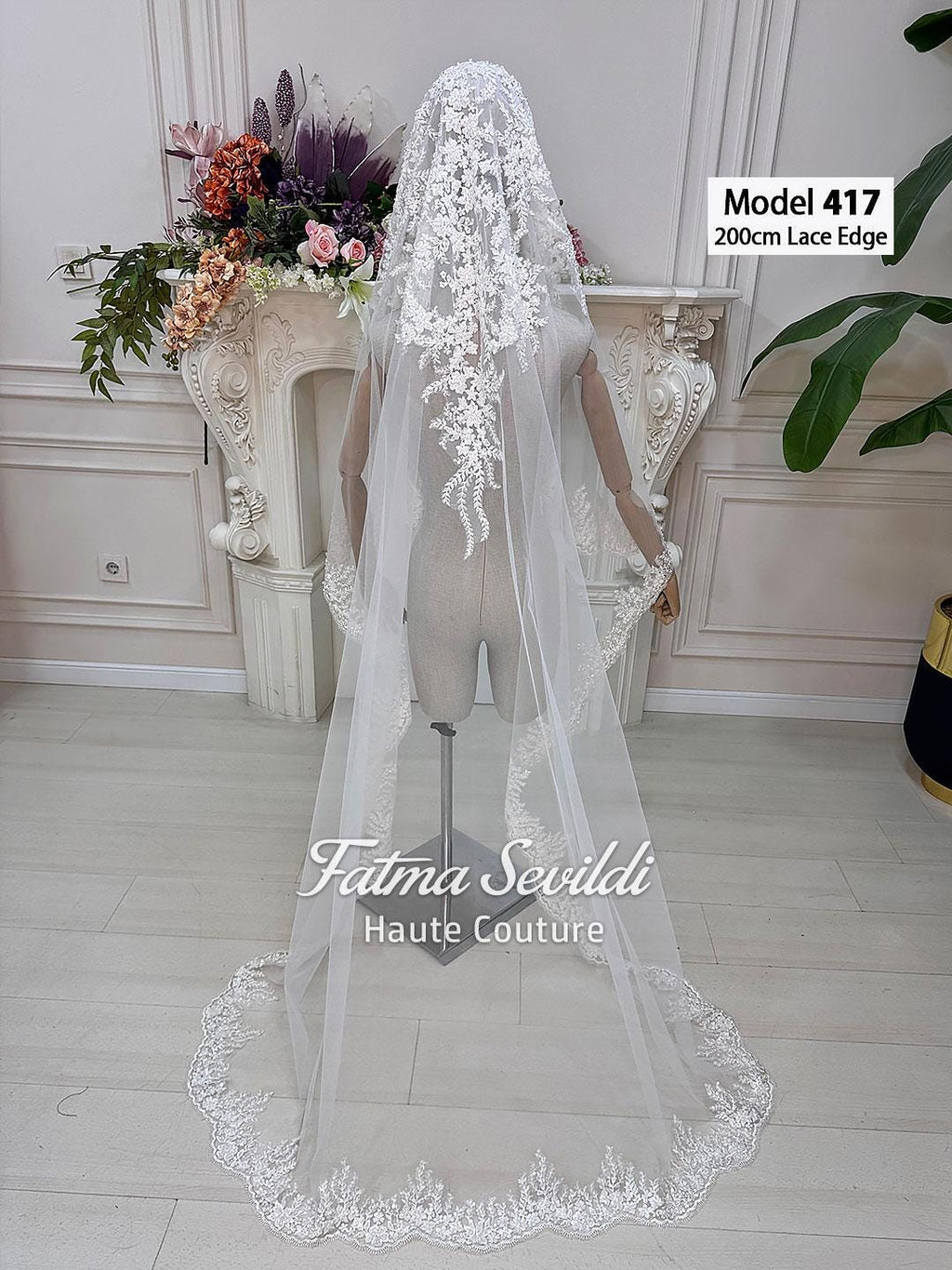 PART10 beaded lace edge cathedral bridal veil with floral embroidery