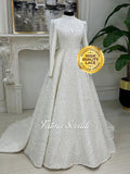 White beaded lace hijab wedding dress with high neck, long sleeves, fitted bodice, modest full skirt