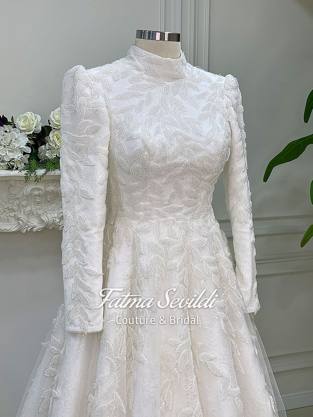 Elegant hijab wedding dress with beaded 3D lace, high neck, long sleeve A-line gown