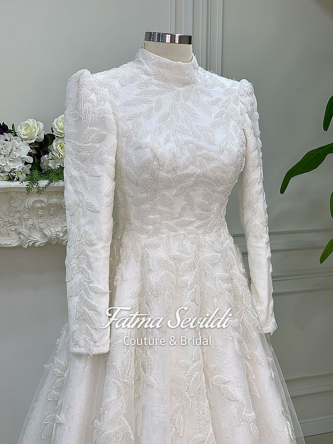 Elegant hijab wedding dress with beaded 3D lace, high neck, long sleeve A-line gown