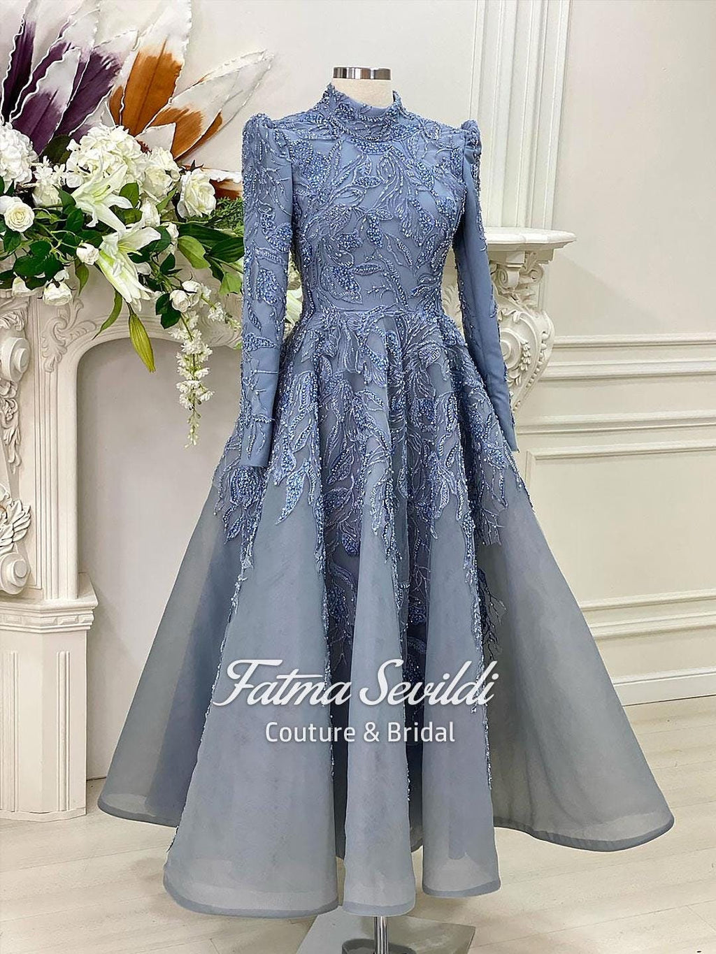 Elegant light blue beaded lace hijab evening gown with long sleeves