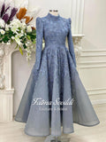 Elegant light blue beaded lace hijab evening gown with long sleeves