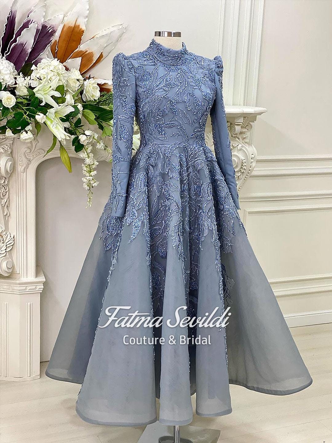 Elegant light blue beaded lace hijab evening gown with long sleeves