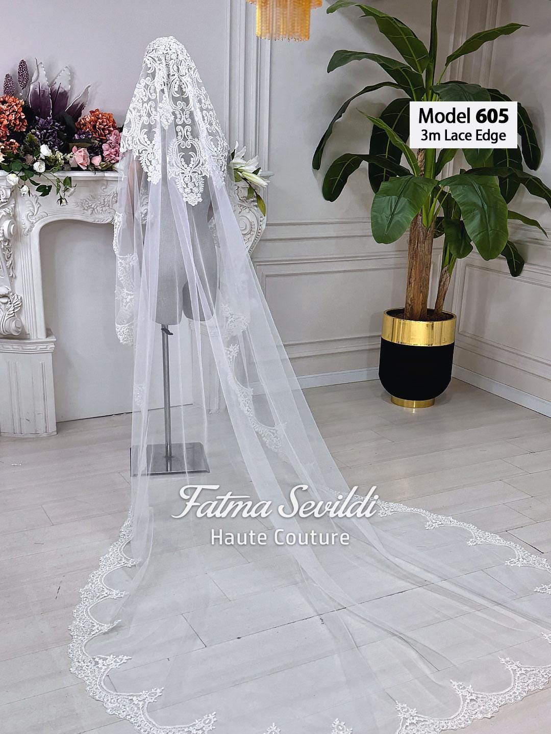 Delicate white lace cathedral hijab veil by Fatma Sevildi, 3m ornate beaded edge