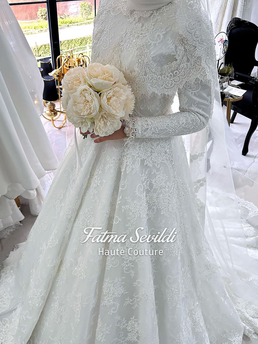 Veiled hijab lace wedding gown with long sleeves and floral embroidery