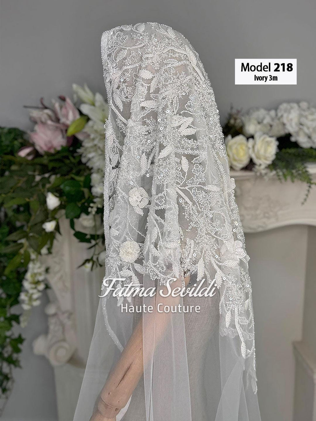 Ivory lace cathedral veil with floral embroidery, beading, and hijab option