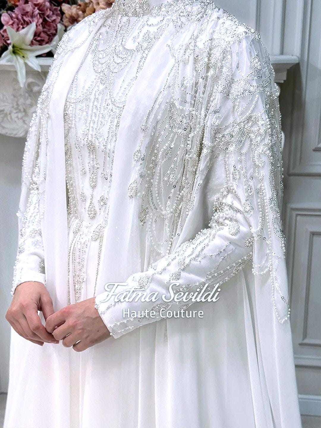 Satin Muslim Wedding Dress with Long Cape, Long Sleeve Modest Bridal Gown 46 / White