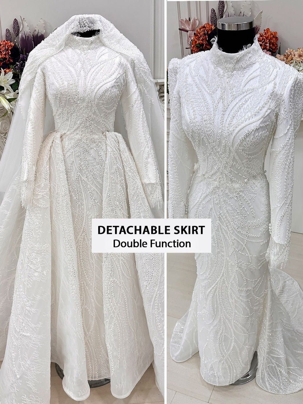 White beaded mermaid hijab wedding gown with detachable skirt