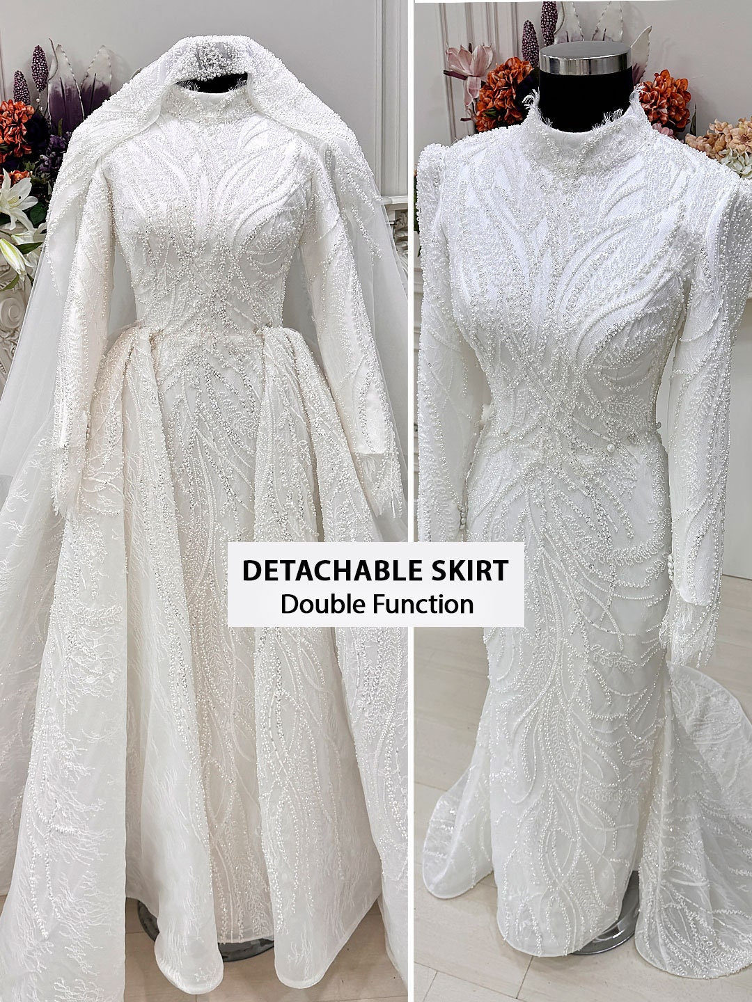 White beaded mermaid hijab wedding gown with detachable skirt