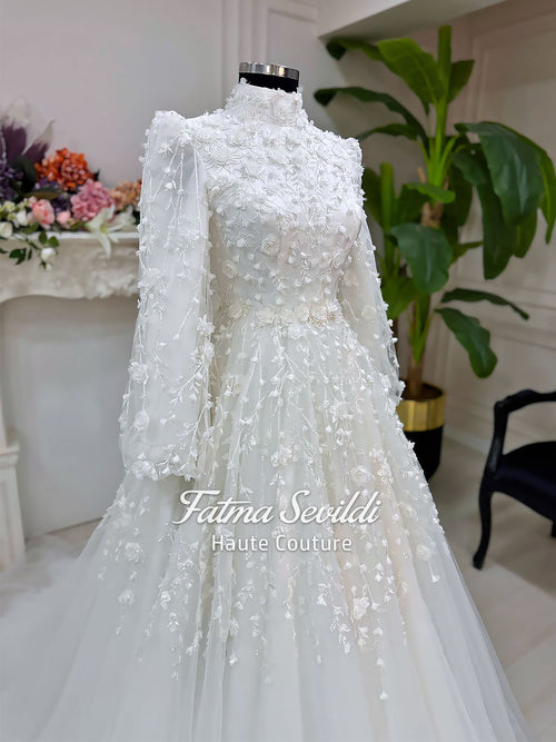 3D Floral Modest Wedding Dress, Hijab Bridal Gown, High Neck Long Sleeve