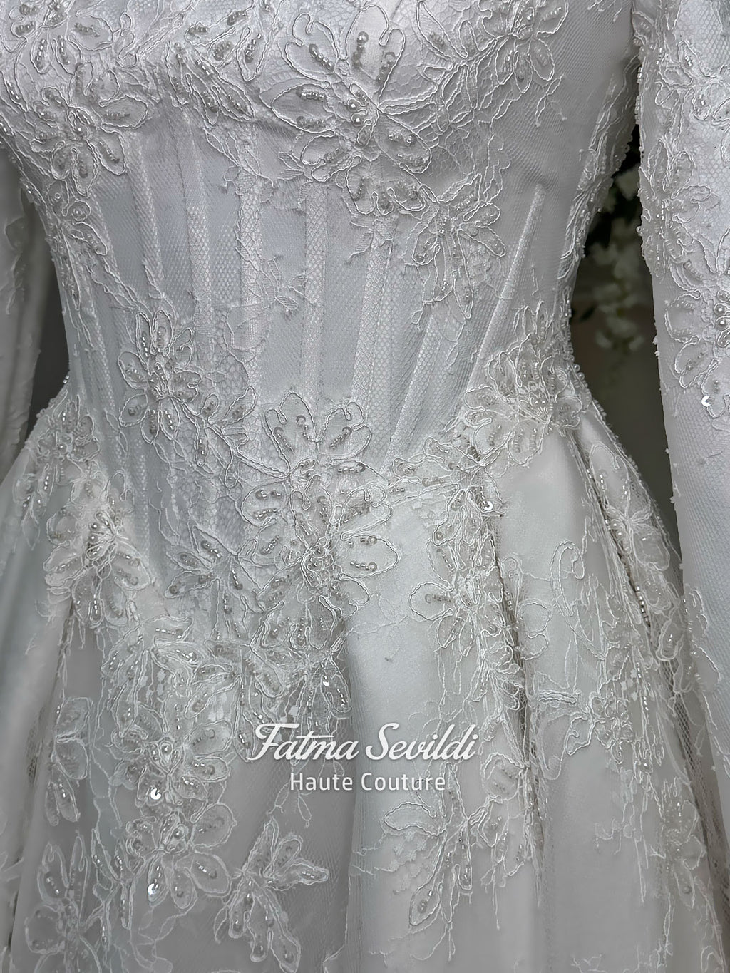 Luxury hijab wedding dress with A-line silhouette, beaded lace detailing and cathedral lace veil, modest long sleeve bridal gown for Muslim bride
