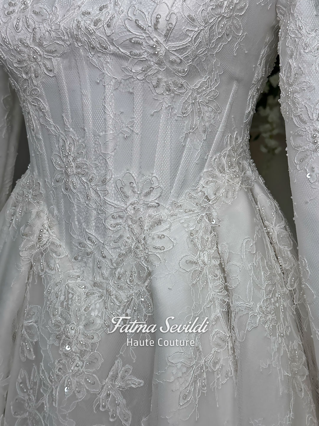 Luxury hijab wedding dress with A-line silhouette, beaded lace detailing and cathedral lace veil, modest long sleeve bridal gown for Muslim bride