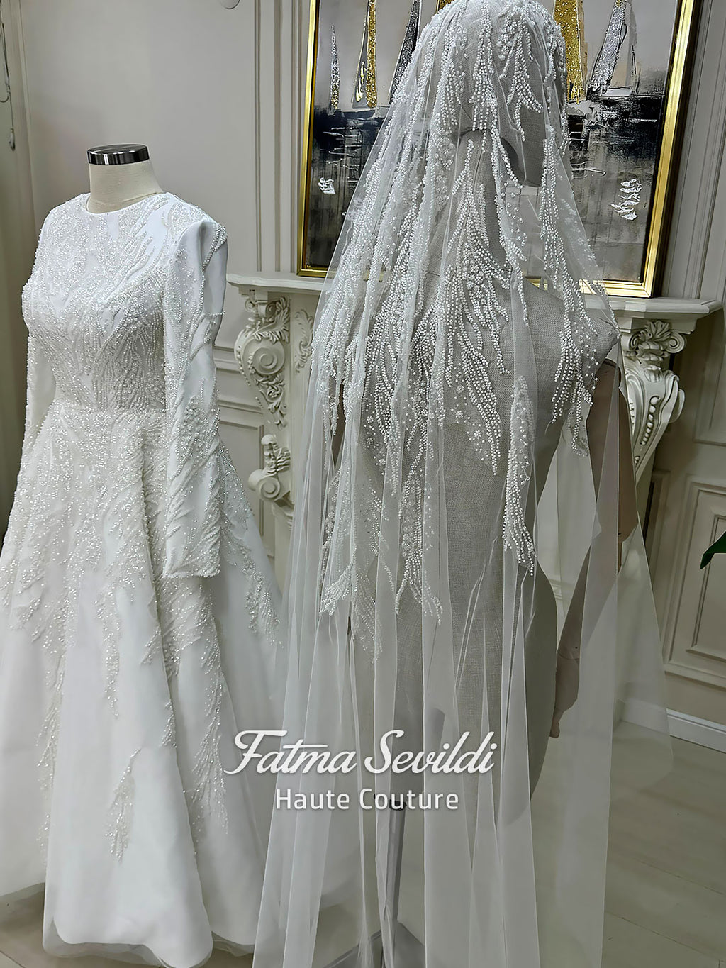 Luxury modest hijab wedding dress with long sleeves and A-line silhouette, fully beaded embroidery, shown with embellished lace cathedral veil.