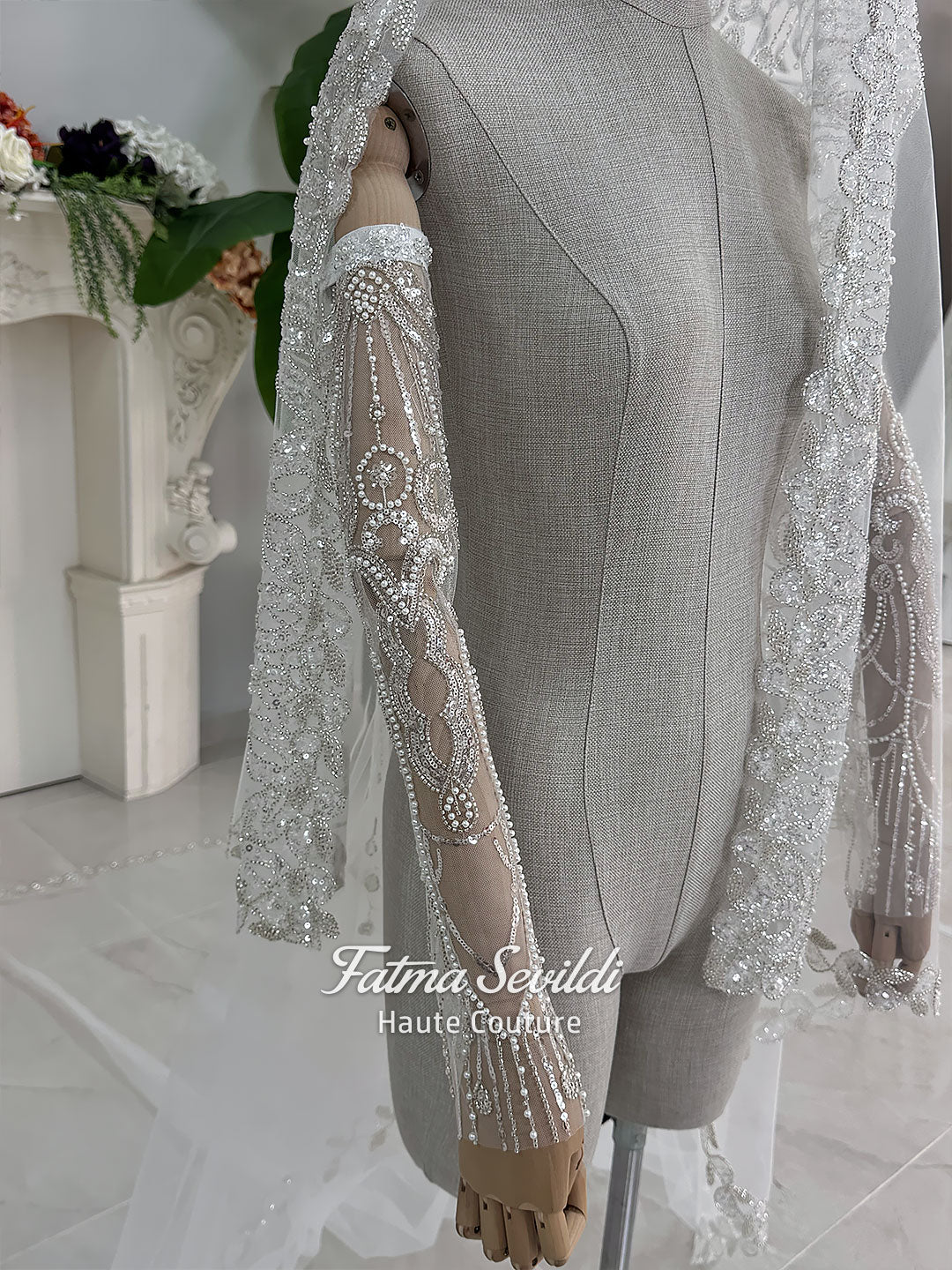Detachable Beaded Wedding Sleeves with Optional Lace Veil, Luxury Modest Bridal Accessories