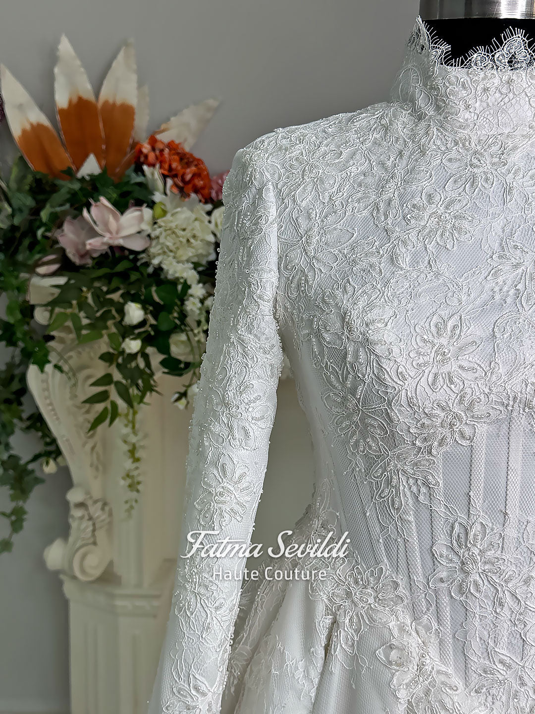 Luxury Basque Hijab Wedding Dress, A Line Beaded Lace Bridal Gown, Vei – Fatma Sevildi Couture