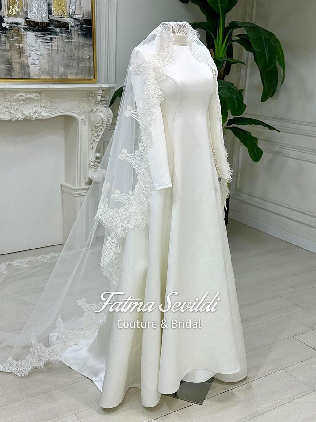 Elegant veiled hijab satin A-line wedding gown with lace sleeves and pearl veil