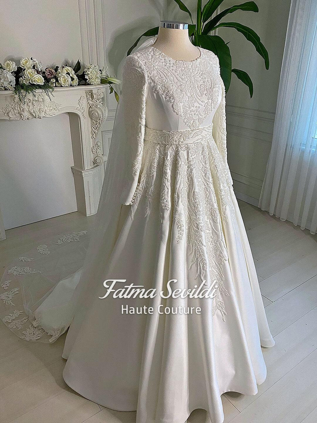 Elegant ivory veiled hijab wedding dress with lace long sleeves