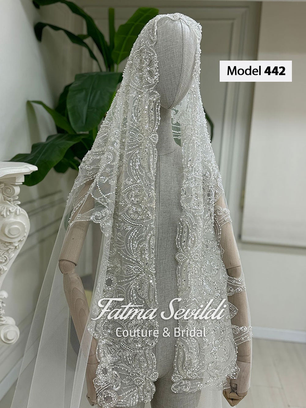 Delicate PART6 beaded lace cathedral bridal veil with silver detailing