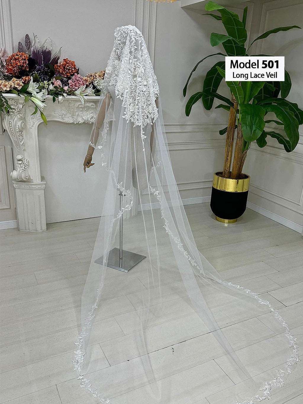 PART1 beaded lace edge cathedral bridal veil with floral embroidery
