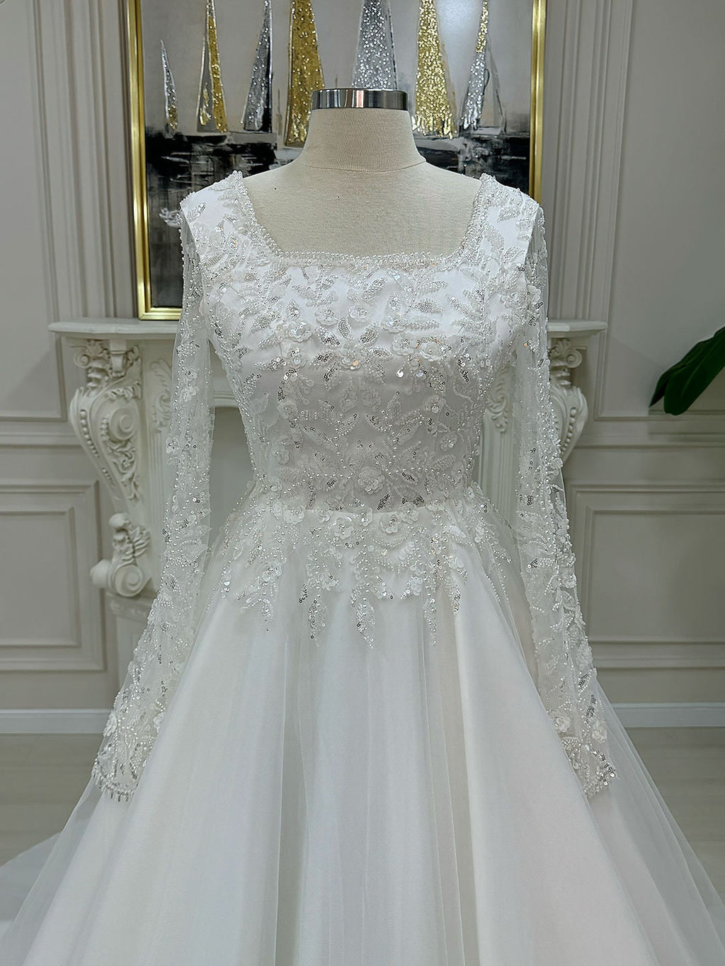 Elegant A-Line Lace Wedding Dress with Long Sleeves and Beaded Bodice