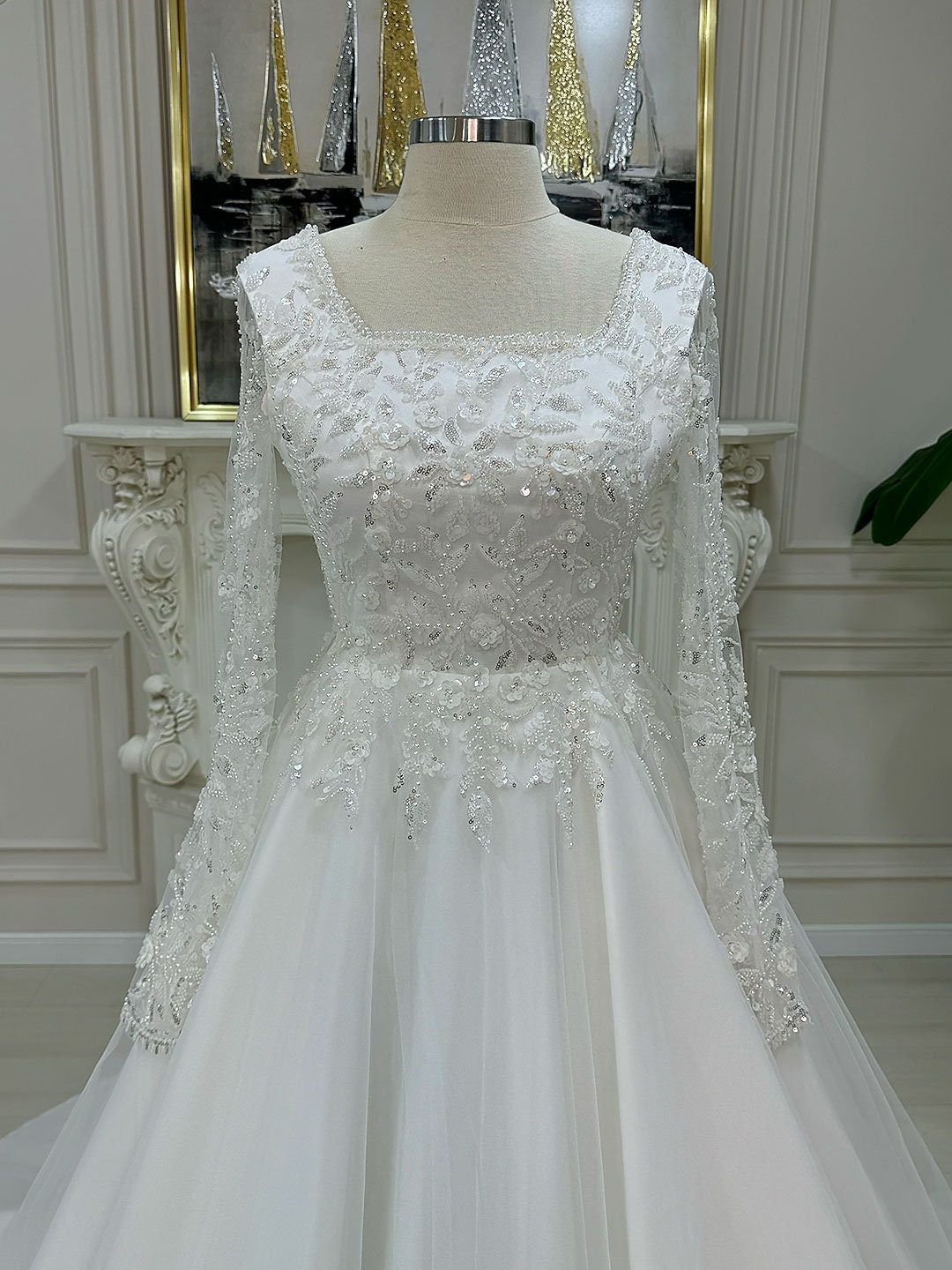 Elegant A-Line Lace Wedding Dress with Long Sleeves and Beaded Bodice