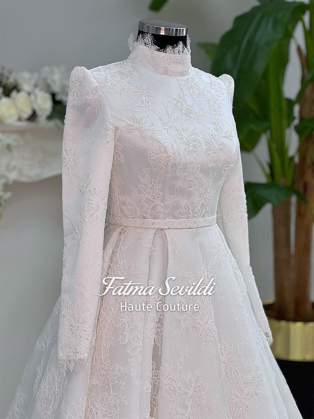 Elegant veiled full lace hijab wedding dress with high neck and long sleeves