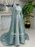 Elegant light teal beaded lace hijab evening gown with caped high neck sleeves
