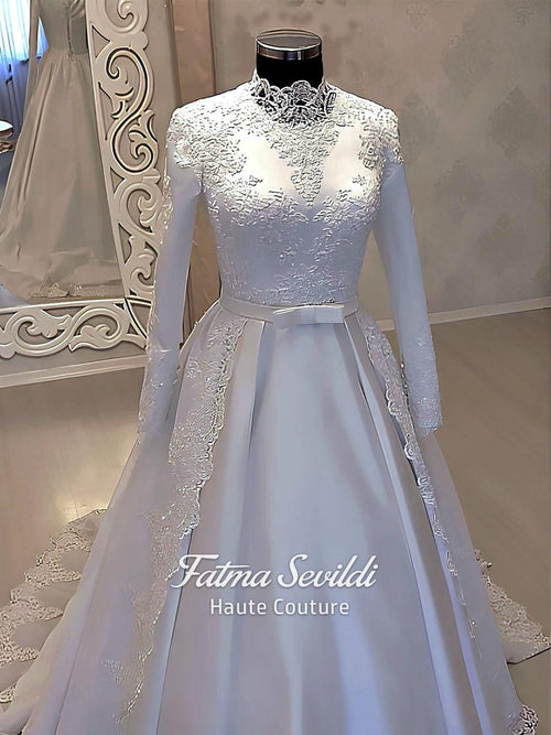 Elegant beaded lace hijab wedding dress with high neck and long sleeves
