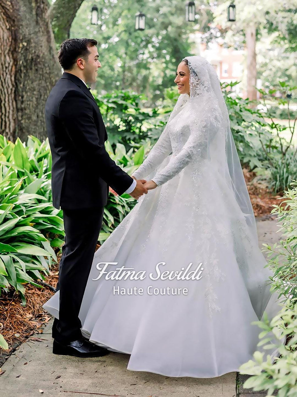 Elegant veiled hijab wedding dress with beaded lace long sleeves by Fatma Sevildi