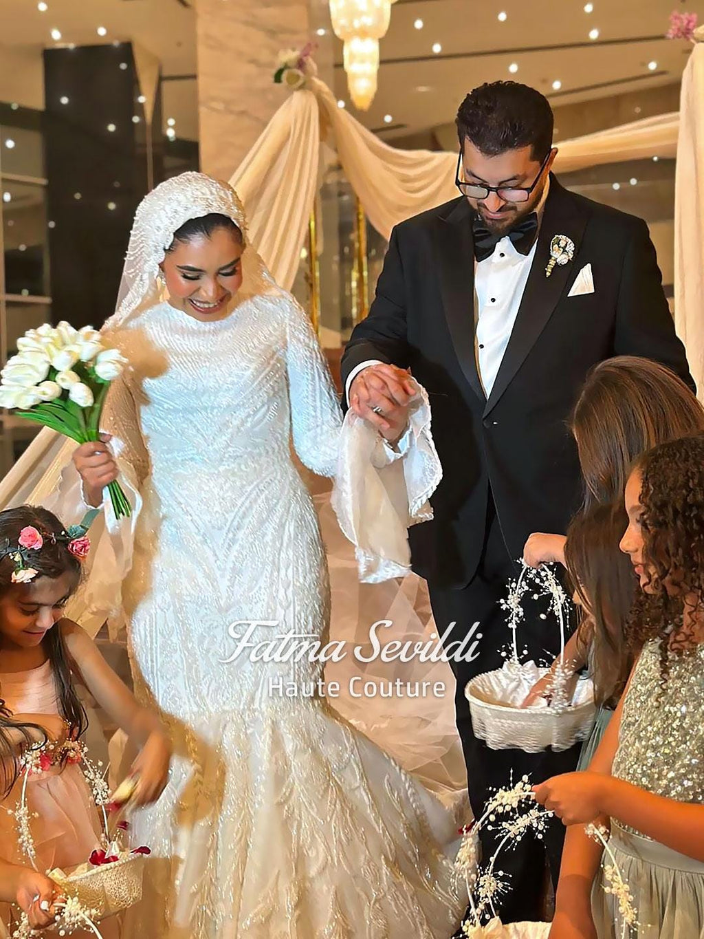 Elegant veiled hijab beaded lace high neck long sleeve mermaid wedding gown