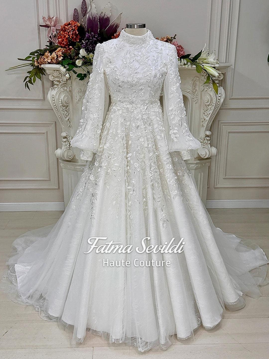 Elegant veiled hijab wedding dress with beaded lace high neck and long sleeves