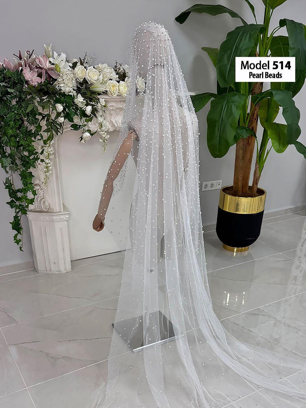 PART1 beaded lace edge cathedral bridal veil with pearls and sheer mesh