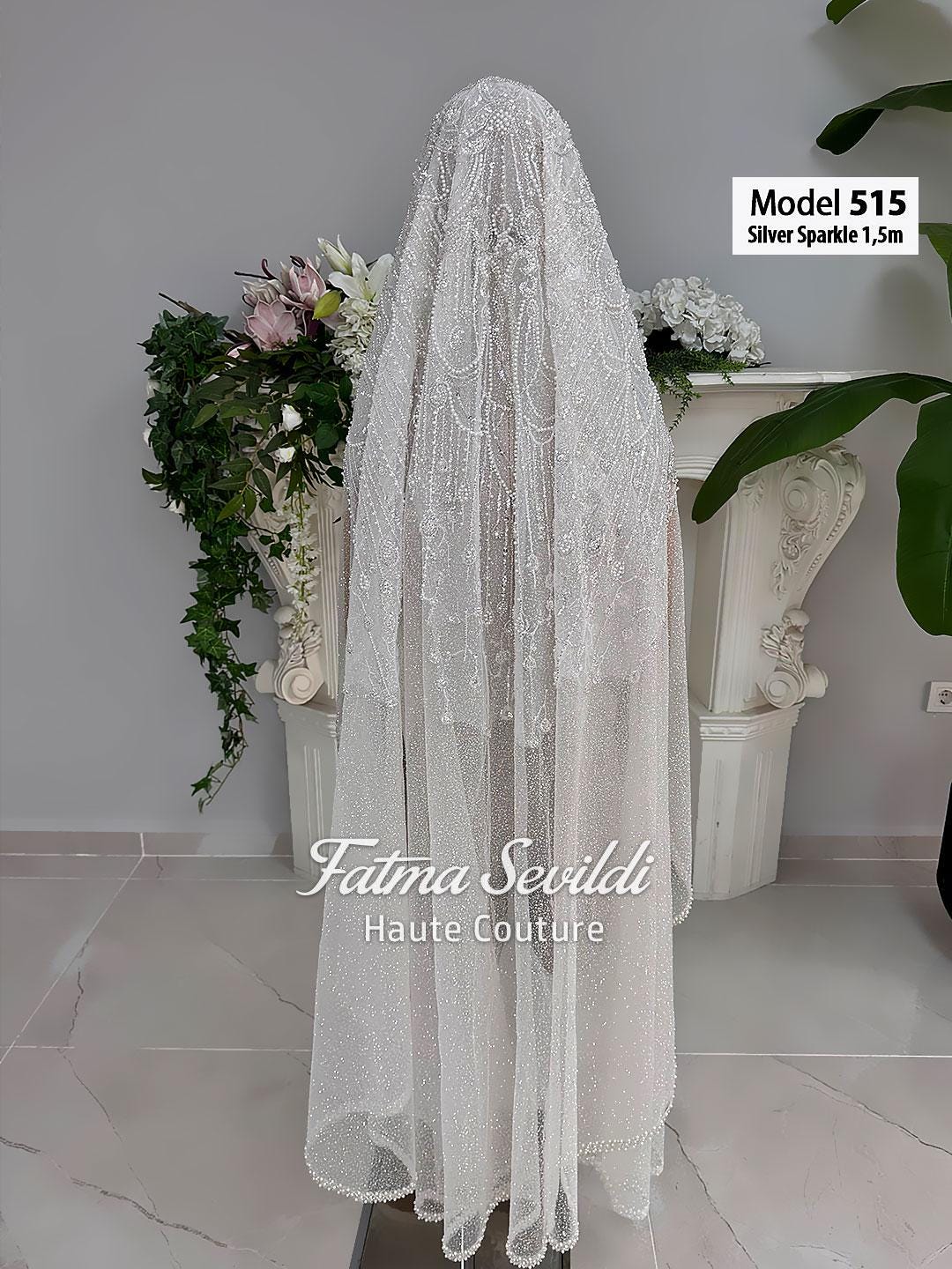 Silver sparkle 1.5m waltz-chapel veil by Fatma Sevildi, beaded embroidery