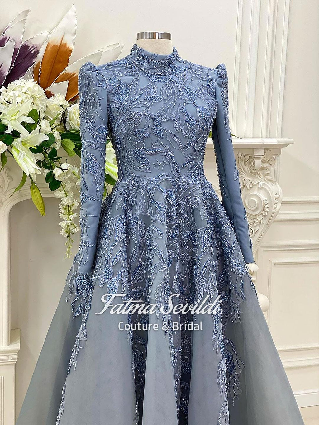 Elegant light blue beaded lace hijab evening gown with floral embroidery