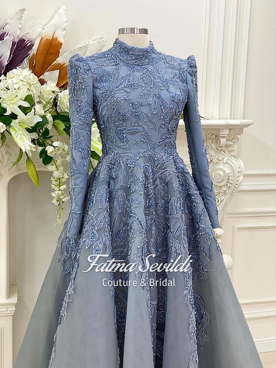 Elegant light blue beaded lace hijab evening gown with floral embroidery