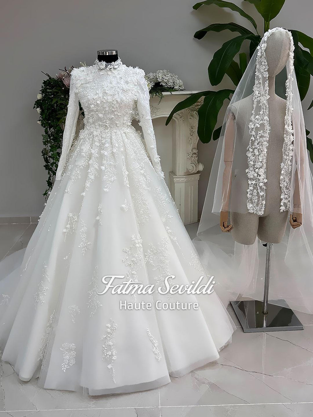 White hijab wedding dress with 3D floral lace, high neck, long sleeves