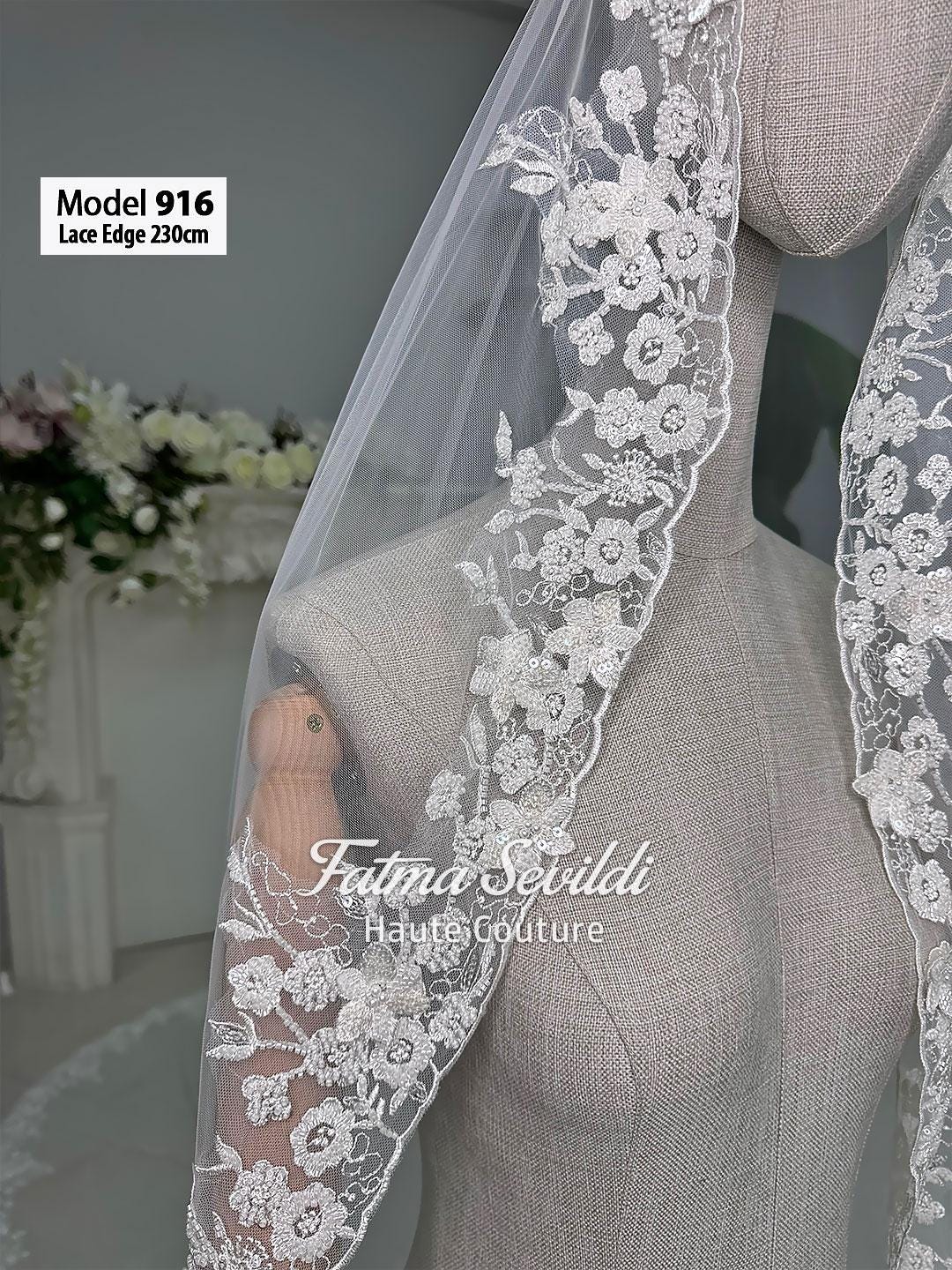 Delicate white cathedral lace trim on sheer luxury tulle bridal veil