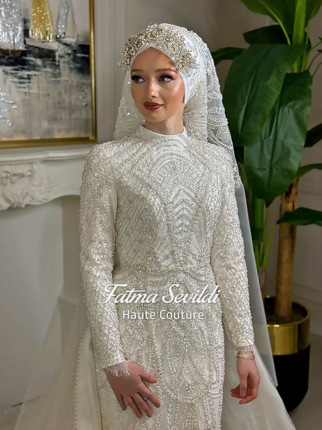 Luxury Hijab Wedding Dress, Sparkly Beaded Modest Bridal Gown, Long Sleeve